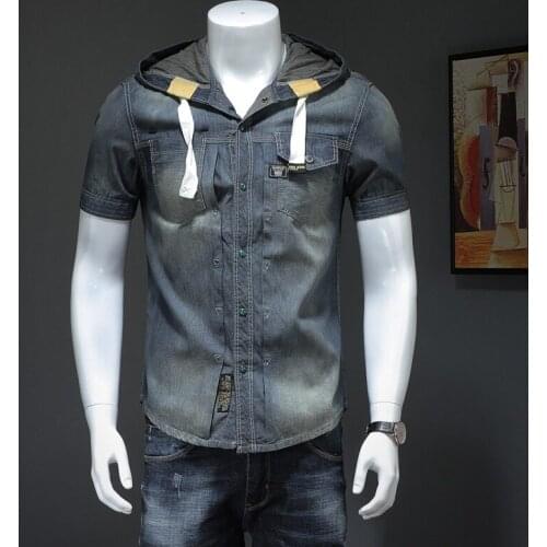 European Trend Hooded Short Sleeve Jean Shirt Summer Mens Personality Retro Washed Denim Shirts Youth Casual Pure Cotton Tops