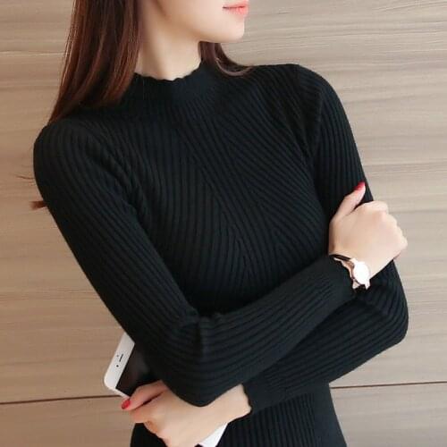 Fad Autumn Spring Womens Long Basic Sweaters Slim Office Ladies Pullovers Knitted Female Half High Collar Casual Jumper Ladies