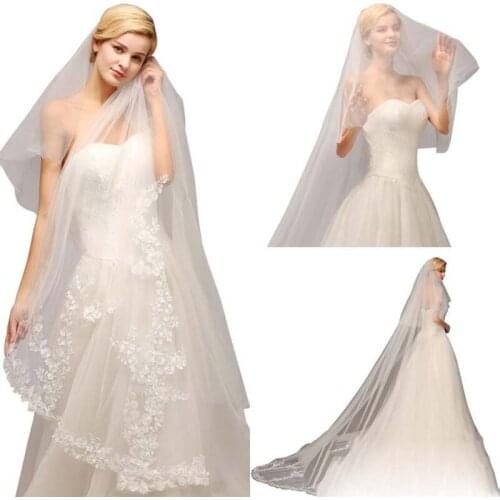 Real Photo Cheap One Layer White Ivory Cathedral Wedding Veil with Comb Lace Tulle Applique Long Bridal Veil Wedding Accessories