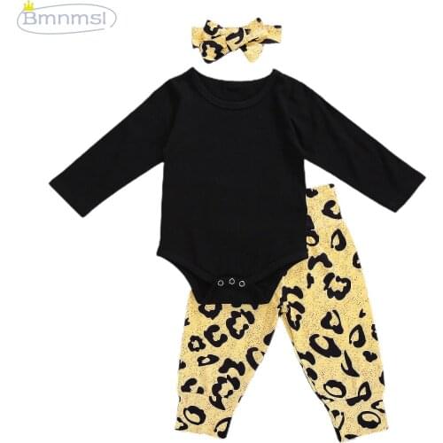 0-18M Newborn Baby Girls Clothes Set Long Sleeve Solid Color Romper Leopard Trousers + Headband 3 Pcs Outfits