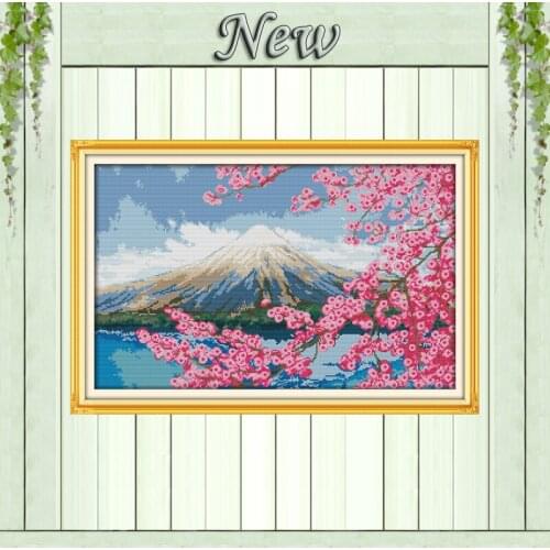 Mount Fuji Japan scenery Cherry flower painting counted print on canvas Cross stitch DMC 14CT 11CT Needlework Set Embroider kits