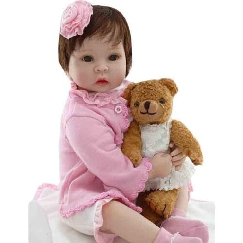 22" Girl Doll Reborn Soft Silicone Reborn Babies with Bear Doll Fashion Children Gift Dolls Toys Bebes Bonecas Menina