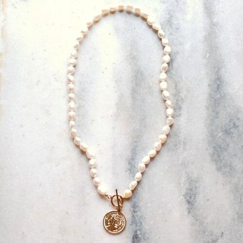 Lii Ji Baroque Pearl Necklace Gold Color Fashion Style Coin Charm Choker Necklace 45cm For Women Girl Jewelry Gift