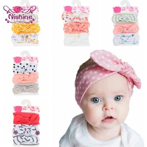 Nishine 3pcs/lot Baby Girls Cotton Nylon Headbands Printed Dot Stripe Hairbands Newborn Soft Headwear Set Hair Accessories