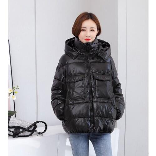 2021 New Womens Winter Jacket Glossy Hooded Ladies Casual Loose Parkas Long Sleeve Cotton Padded Warm Coat Outwear Female