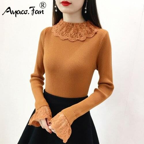 Thick Lace Patchwork O-Neck Warm Women Sweater New Autumn Winter Knitted Femme Sexy Pull Bodycon Soft Female Pullovers Sweater