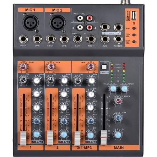 Portable 4-Channel Mic Line Audio Mixer Mixing Console 3-band EQ USB Interface 48V Phantom Power with Power Adapter