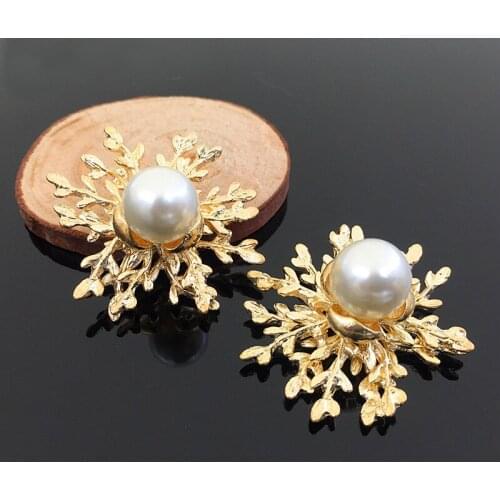 SEA MEW 10 PCS 38mm Fashion Metal Alloy KC Gold Imitation Pearl Flowers Connectors Charm DIY Jewelry Accessories