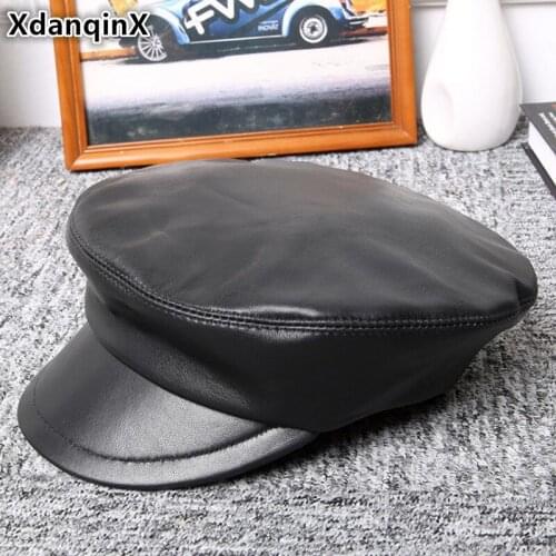 XdanqinX Genuine Leather Hat Autumn Winter Sheepskin Military Hats For Men Women Elegant Flat Cap Bone Tongue Caps Snapback Cap