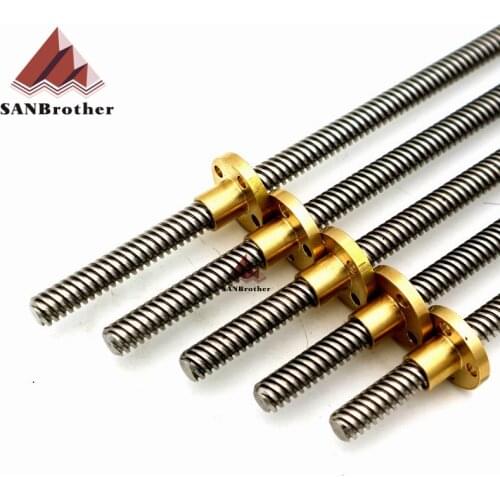 3D Printer T8-2-8D T8 Lead Screw Rod OD 8mm Pitch 2mm Lead 8mm Length 150-500mm Threaded Rods Brass Nut Reprap 3D Printer Z Axis