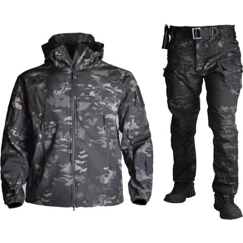 TAD Tactical Men Army Hunting Clothes Hiking Explore Suit Camouflage Sharkskin Softshell Military Waterproof Hooded Jacket+Pants