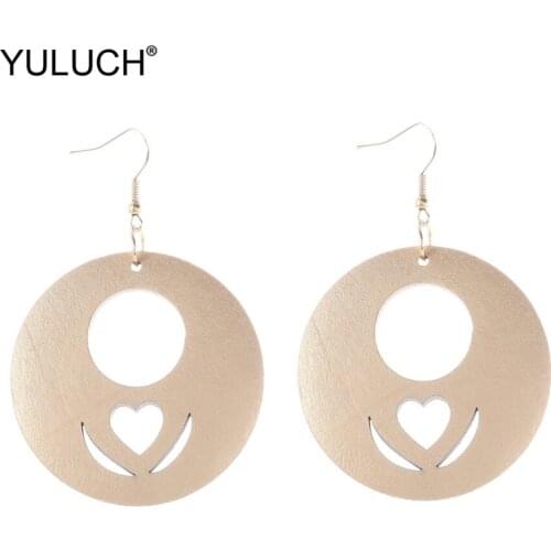 YULUCH Round Wooden Hollow Love Fashion Drop Earrings 2019 Trendy Gold Statement Dangle Earings For Women Female Lady Girls gift