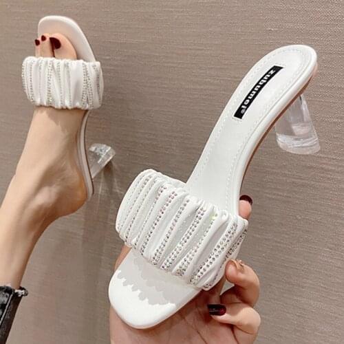 Womens Slippers with Fairy Feng Rhinestone High-heeled Sandals 2021 Summer New Square Head Transparent Thick-heeled Slippers