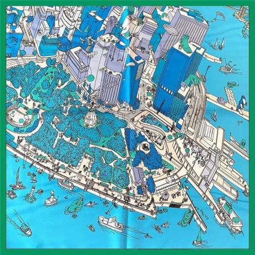 POBING Twill Silk Scarf Woman Water City Print Square Scarves Bandana Small Hijab Foulards Lady Tie Headband Neckerchief 53CM