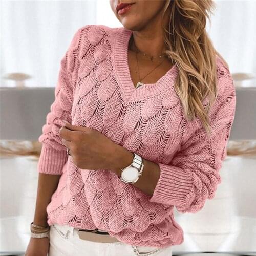 S-XL Fashion Trend Women Knitted Sweater Autumn Winter Hollow Out Feather Pattern Long Sleeve V-neck Pullover Casual Tops 2021