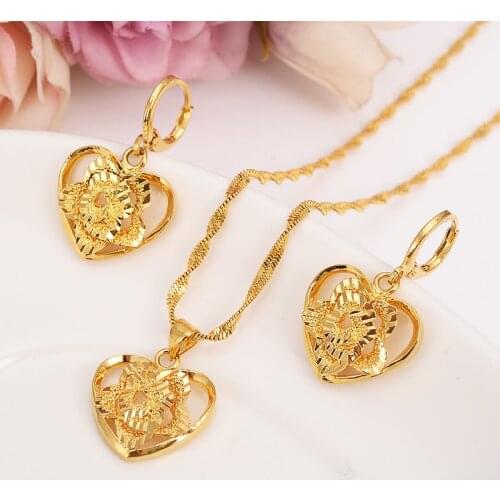 24 k Fine Solid Gold GF Outline border heart flower Europe women Jewelry Sets bridals Wedding jewelry Gift Dubai pendnat earring