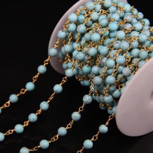 5meter/lot,6mm Blue Turquoises Round beads Rosary Link Chain,Turquoises Stone Gold plate Chain DIY Necklace Crafts Bracelet
