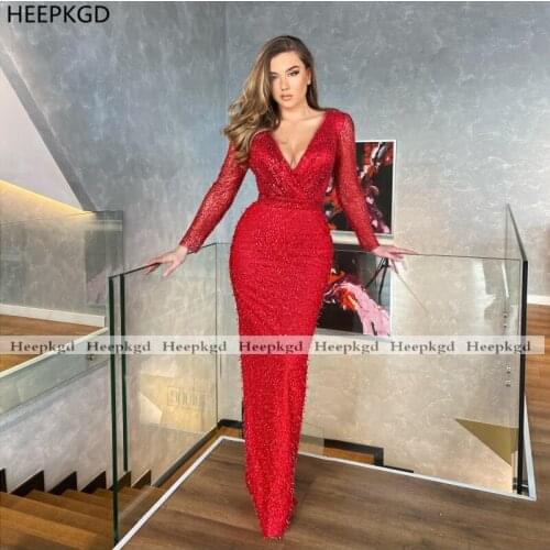 Dubai Red Long Evening Dress With Sleeves V Neck Sheath Shiny Beads Formal Prom Gowns Customize Women Wedding Party Dresses