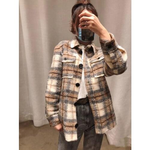 Elfbop Women Wool Blend Contrast Color Plaid Woolen Jacket Top - Ladies Stylish Gingham Checkered Outerwear