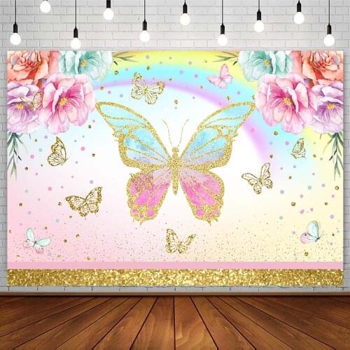 Gold Butterfly Backdrop Girl Princess Birthday Decor Pink Flower Rainbow Dot Photography Background Photo Studio Photozone Props