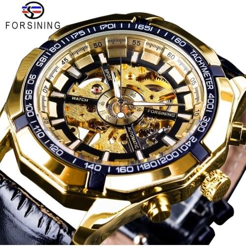 Forsining Fashion Mechanical Watch Top Brand Luxury Gold Watches Steampunk Design Luminous Hands Transparent Case Uhren Herren