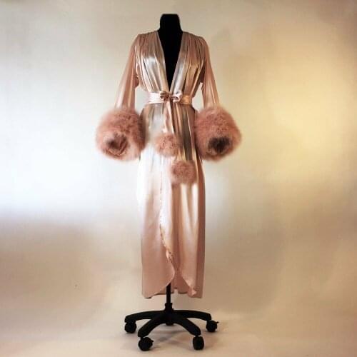 Feather Satin Kimon Robe V Neck Wedding Bridal Scarf Long Robe Nightgown Bathrobe Sleepwear with Belt