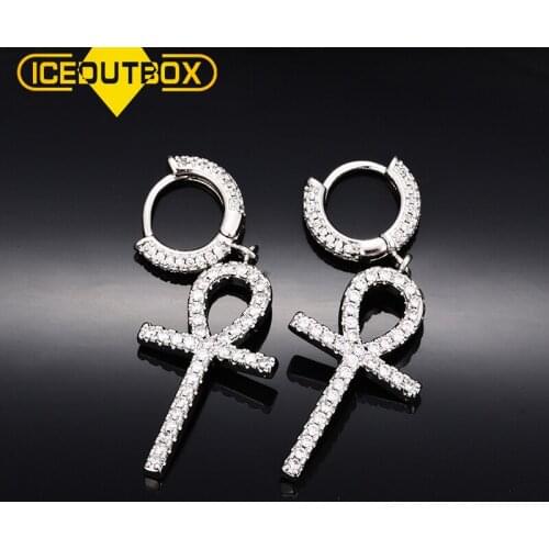 ICEOUTBOX Allah Cross Cubic Zirconia Ice Out Stud Earrings Silver Color Bling Fully CZ Hip Hop Earrings For Women Men Jewelry