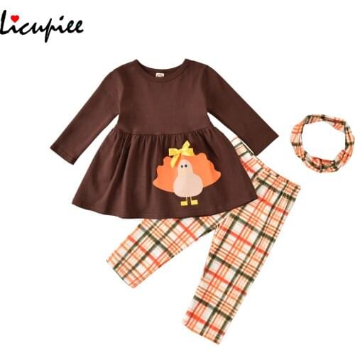Baby Girls Thanksgiving 3-piece Outfit Set Long Sleeve Cartoon Turkey Print Top+plaid Pants+headband Set for Kids 1-4 Years