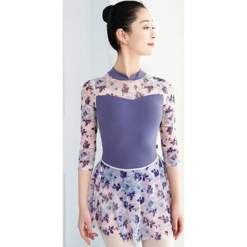 Adult Female Print Gymnastics Dance Dress Body Suit Art Examination Body Training Middle Sleeve Leotards Ballet Practice Uniform