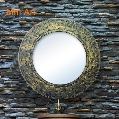 Round Retro Bathroom Mirror Bathroom Wash Basin Framed round Mirror in Chinese Antique Style Wash Basin Framed Mirror