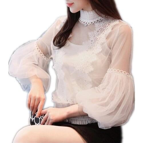 Sweet Elegant Women Blouses2018Summer Spring Fashion Long Lantern Sleeve Shirts Female Lace Stand-Collar Transparent BlousesQ108