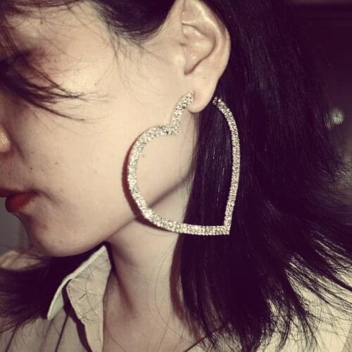 Trendy Bling Bling Rhinestone Gems Big Heart Hoop Earrings For Women Jewelry Fashion Statement Earrings Accessories Hot Sale