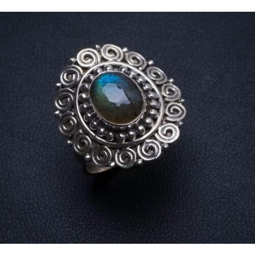 Natural Blue Fire Labradorite Handmade Unique 925 Sterling Silver Ring, US size 9 T8068