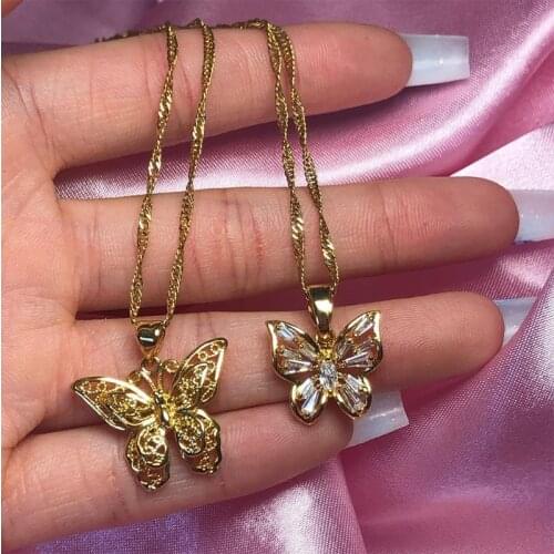 Ins New Hot Butterfly Pendant Crystal Zircon Gold Necklaces for Women Chain ChokerCouple Stainless Steel Jewelry Girlfriend Gift
