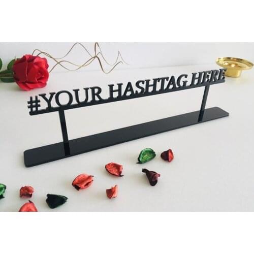 Personalized Wedding Hashtag Sign Custom Name Tags Your Hashtag Here Reception Laser Cut Tabletop Wood Acrylic Welcome Signage