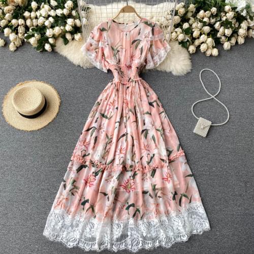 Fashion Catwalk Design Lace Stitching Elastic Waist Long Chiffon Dress Women Pink Printed Ruffles A-line Big Swing Holiday Dress