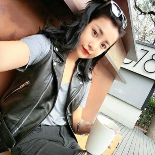 Casual Women Motorcycle Sleeveless Sheepskin Vest Zipper Belted Slim Fit Short Waistcoat Genuine Leather Vest Outerwear Jacket