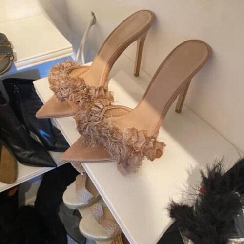 Pointed flower stiletto high heel sandals banquet dress female large size sandals and slippers handmade custom fashion sandals
