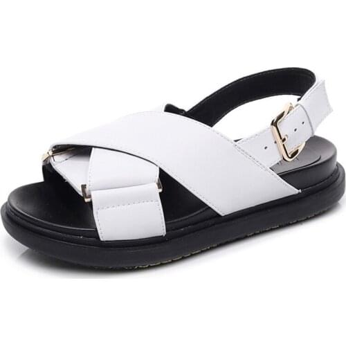 ANNYMOLI Gladiator Shoes Women Genuine Leather Sandals Flat Buckle Sandals Round Toe Cow Leather Ladies Footwear Summer Black