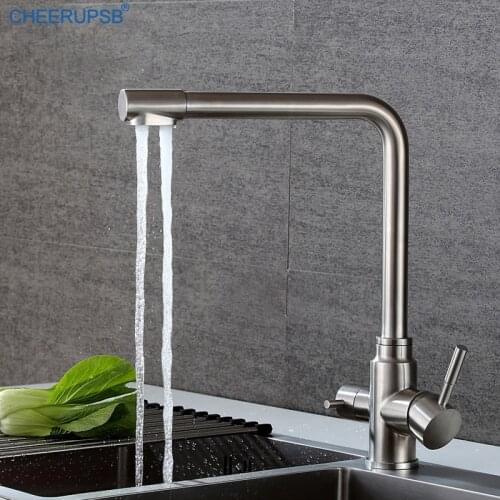 Kitchen Filtered Faucet Stream Water Deck Mount Sink Tap 3 Ways Water Mixer Filter Faucets Modern Brushed Stainless Steel Grifos