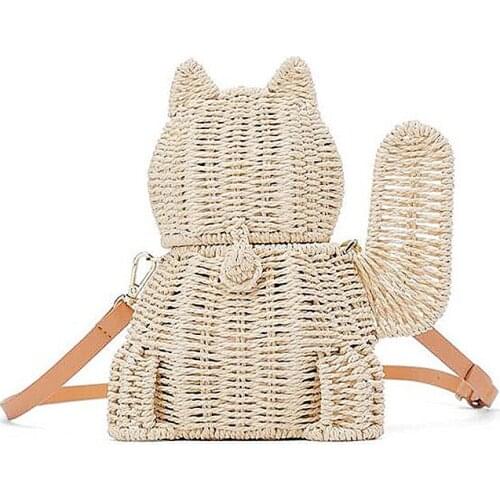 Lucky Cat Straw Bag Hand-Woven Animal-Shaped Cartoon Cute Hang Buckle Shoulder Bag Fashion Lovely Lady Crossbody Messenger Bag