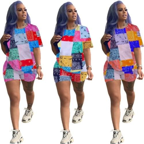 Women Clothing Summer Two Piece Set 2021 Colorful Cashew Print T-Shirts Top Shorts Sets Casual Loose Tracksuit Outfits Wholesale