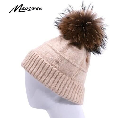Women Hat PomPon Knitted Beanies Cap Pure Color Spring Autumn Winter Warm For Girl Hat Thick Skullies Raccoon Outdoor Natural