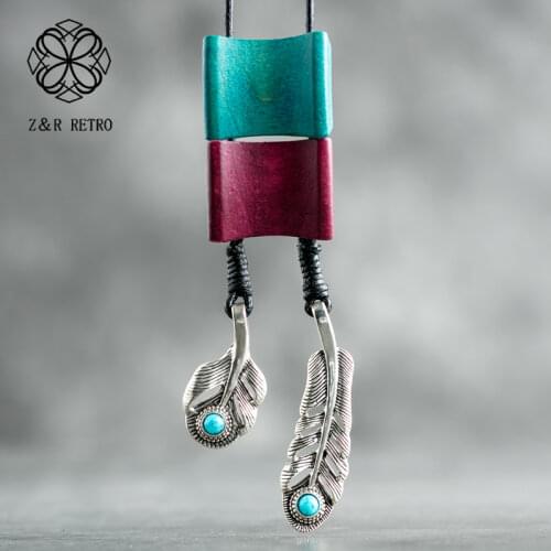 Feather Women Jewelry Necklaces & Pendants Handmade Wooden Chips Fashion Pendants Necklace Vintage Zinc Alloy Rope Sweater Chain
