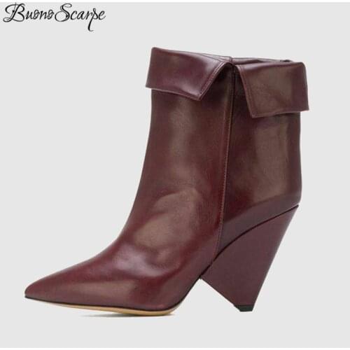 Buono Scarpe Slip On Pointed Toe Spiked High Heel Ankle Boots Fashion Brand Design Fold Short Botas Mujer Pure Color Women Boots
