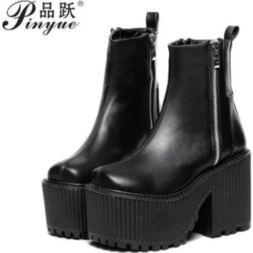 Botines Tacon Mujer Black Platform Boots Punk Rock Motorcycle Boots Zipper Chunky Ankle Boots High Heel new Boots