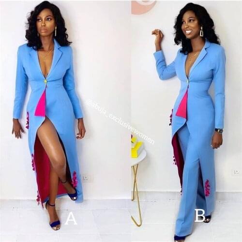 2 Pieces Women Suits 3D Flower Appliqued Elegant Long Coat+Pant Modern Hi-Lo Design Formal Party Suits For Women Customize