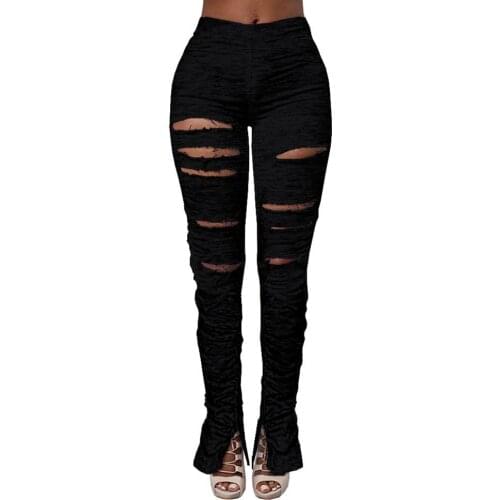 Women High Waist Stacked Sweatpants Ripped Holes Fitness Ruched Pants Trousers