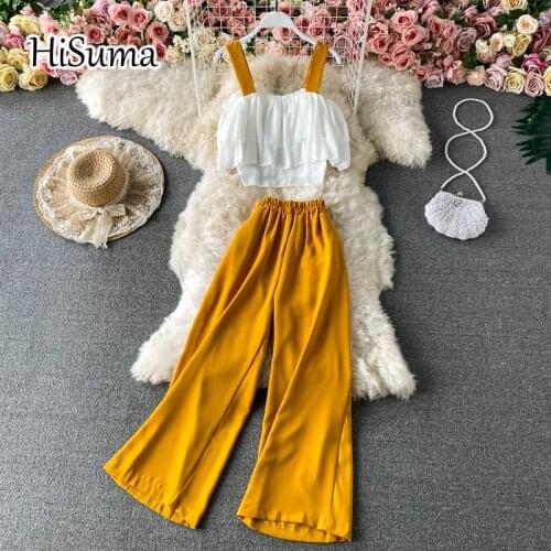 2021 Summer New Female slash neck strap Ruffles chiffon Top Blouses + High Waist Wide leg pants Two-Piece Sets Women beach Suits