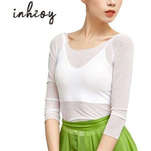Womens Mesh Sheer Scoop Neck Long Sleeve Ballet Dance Top Covers Ballerina See-through Dance Wrap Top
